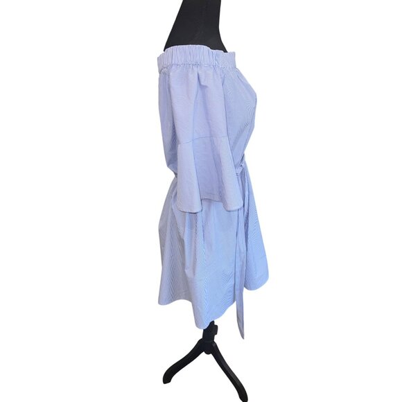 Donna Morgan Blue White Striped Off-Shoulder Dress Bell Sleeves Waist Tie Size 8 - Picture 5 of 10